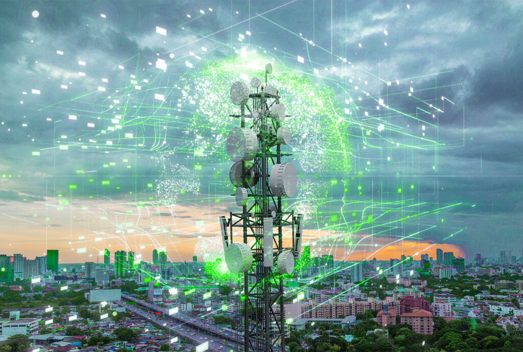 Telecommunication,tower,with,5g,cellular,network,antenna,on,city,background,