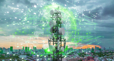 Telecommunication,tower,with,5g,cellular,network,antenna,on,city,background,